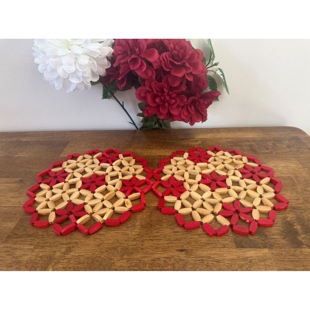 Vintage Bamboo and Wood Trivet Pair Red and Natural Woven‎ Pattern MCM Kitchen